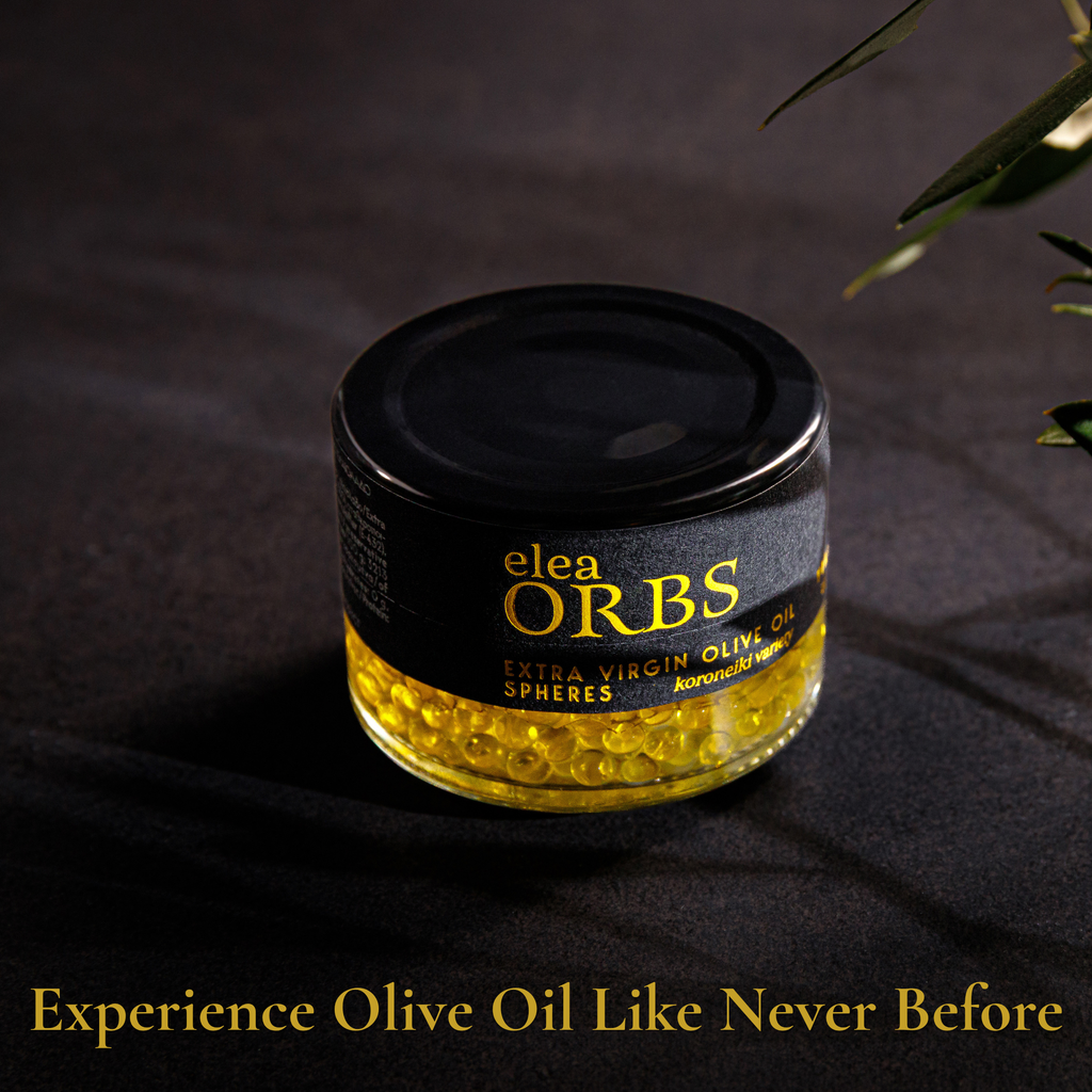 Elea Orbs overhead open jar of golden extra virgin olive oil spheres from Crete