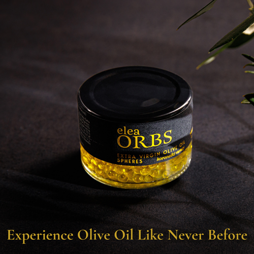 Elea Orbs overhead open jar of golden extra virgin olive oil spheres from Crete