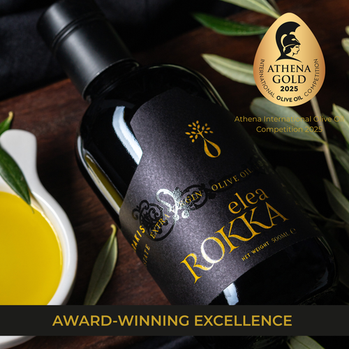 Elea Rokka award-winning extra virgin olive oil bottle on dark background